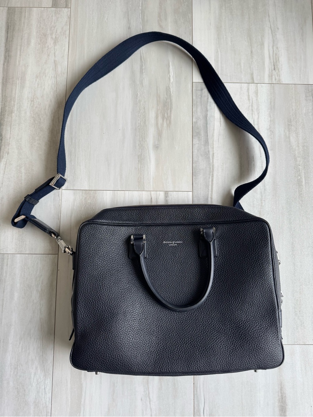 Aspinal of London Mount Street Laptop Briefcase Bag Pebble Black Navy